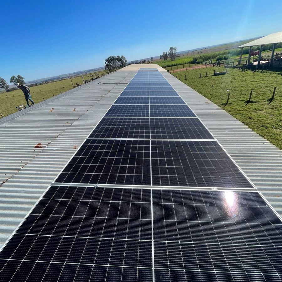 Barracão de propriedade rural com painéis solares ao longo de todo o telhado, cercado por pasto